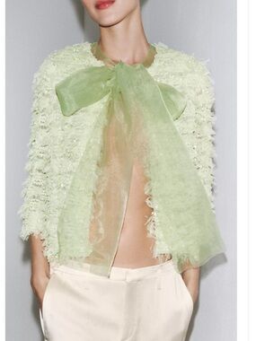 NWT Zara Fringe Organza Cardigan in Sage Green Size S